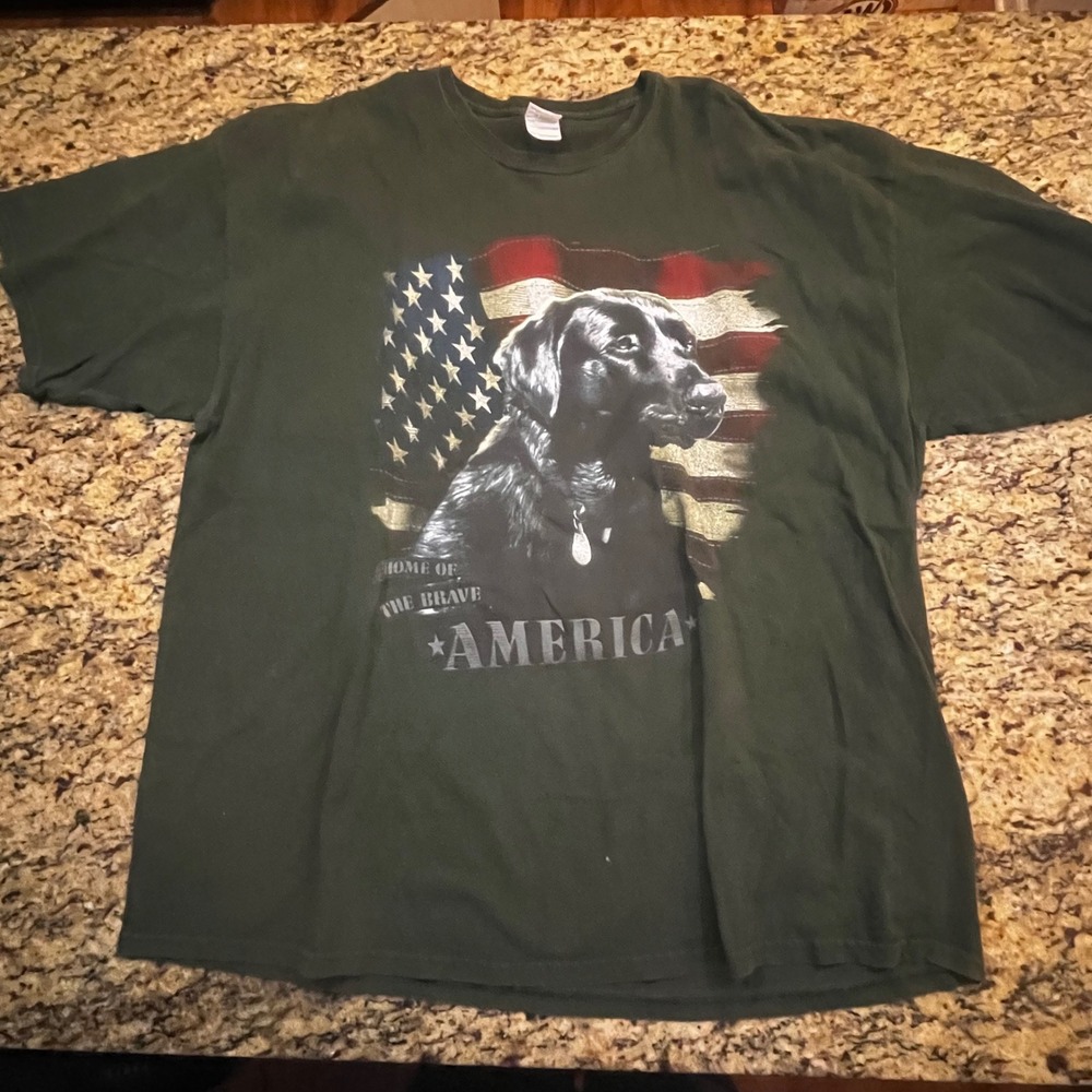 Mens‎ 3XL Forest Green Black Lab America Flag Graphic T-Shirt